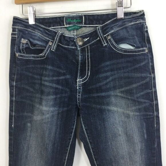 Wrangler Premium Patch Bootcut Mid Rise Western Dark Wash Denim Jeans Blue - Picture 11 of 15